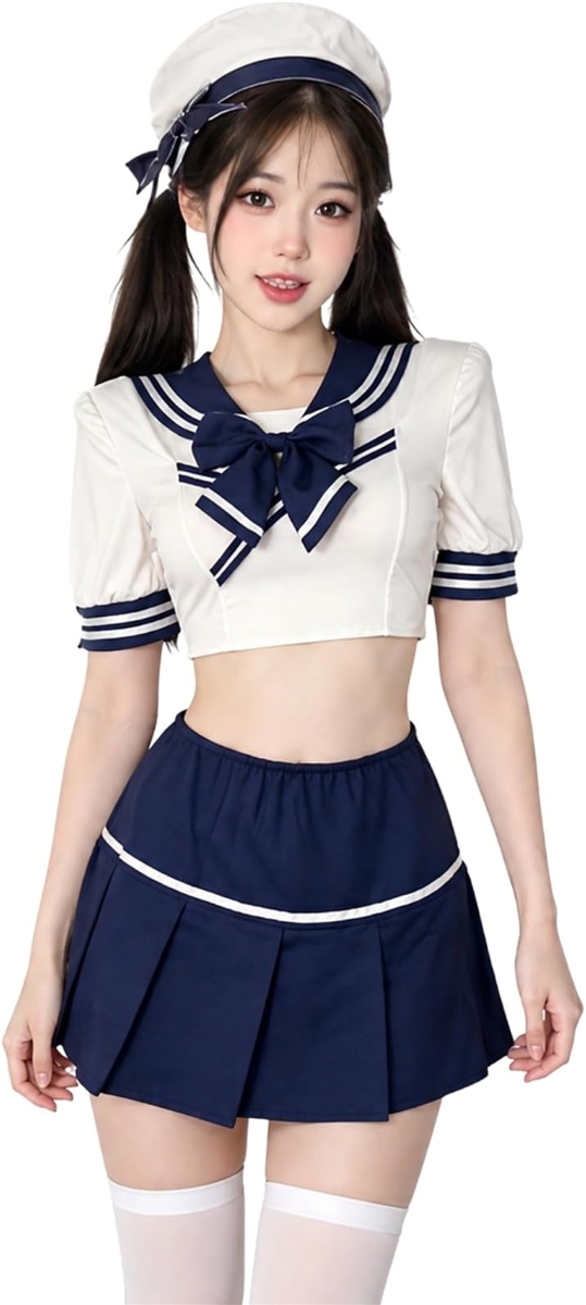 ハロウィン コスプレ 仮装 衣装 セーラー服 制服 マリン コスチューム 大人用 フリーサイズ (ネイビーブルー, レギュラーサイズ)