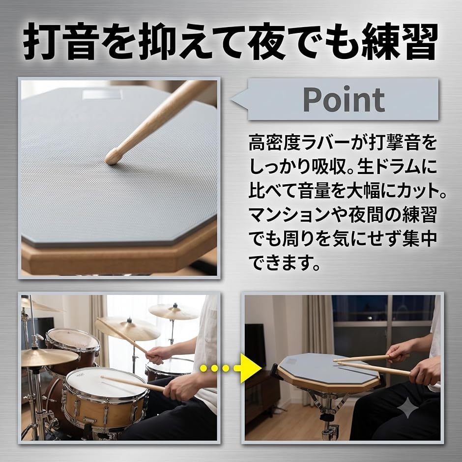 ドラム練習パッド 12インチ トレーニングドラム グレー 消音 (グレー