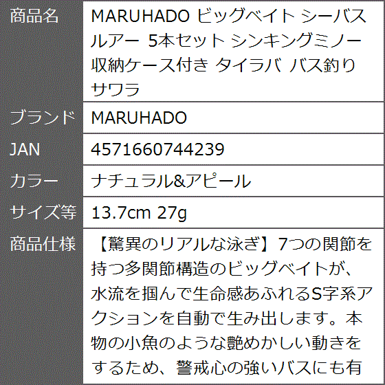 ビッグベイト シーバス ルアー 5本セット シンキングミノー 収納ケース