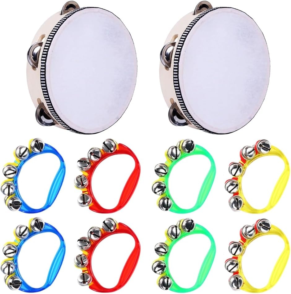 鈴 タンバリン ハンドベル 楽器 リトミック リングベル リズム遊び 知育セット (タンバリン 2個 + リングベル 8個セット)