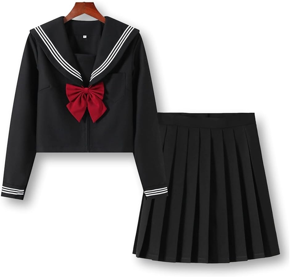 セーラー服 コスプレ 女子高生 制服 長袖 プリーツスカート 無地 リボン 3点セット (ブラック, 3XL)