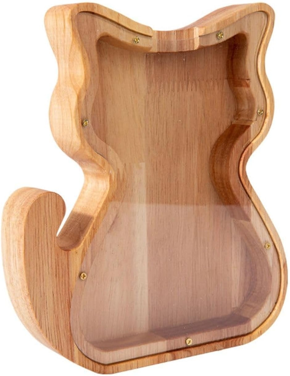 貯金箱 木製 透明 募金 小銭 アクリル ケース コイン お札 硬貨 バンク 動物 置物 インテリア (ネコ,  20cmx18cm)