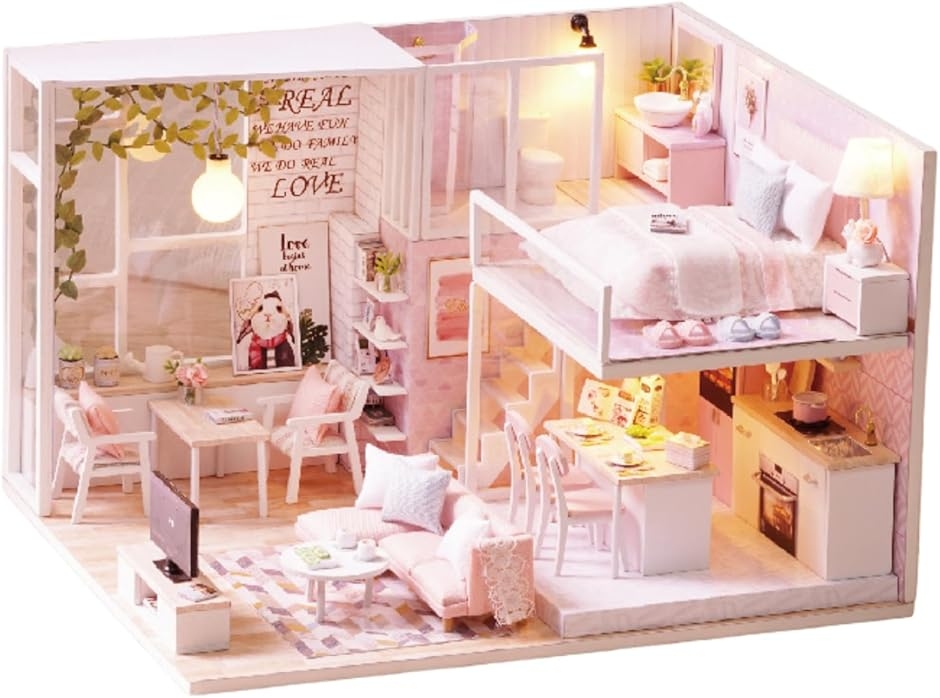 木製　ドールハウス　お花、素敵なライトがあるお部屋　背景ボードにもティアラ DIY木製ドールハウスキット LEDライト付き 防塵カバー付き 手作り