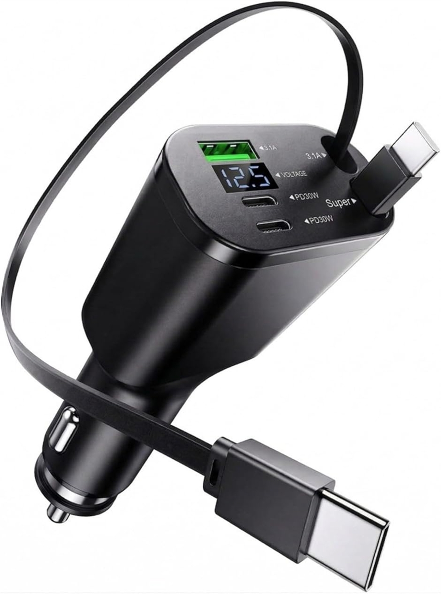 車 充電器 5in1 自動巻き取り式 急速充電 カーチャージャー シガー