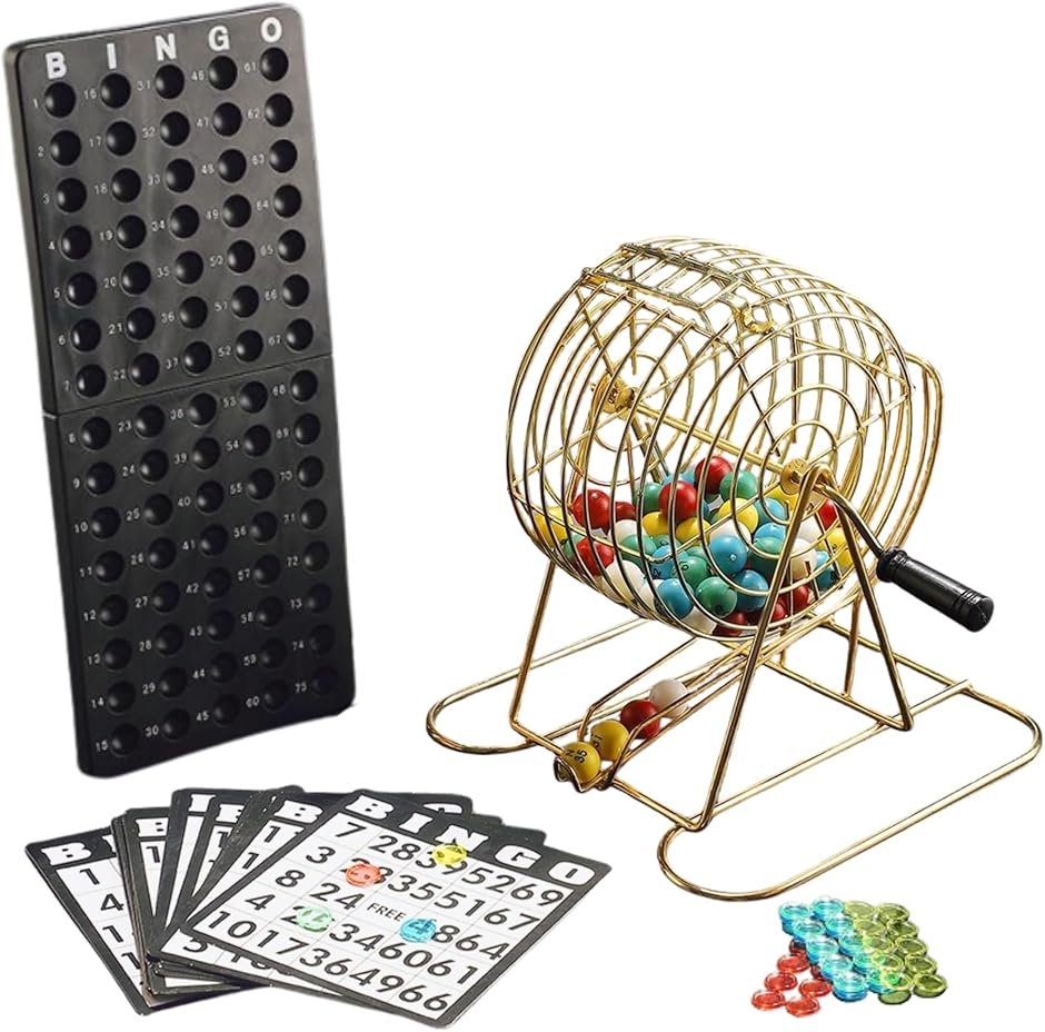 《回すだけで盛り上がる》 ビンゴゲームセット ハンドル式抽選器 カード ボールセット パーティー (ゴールド)