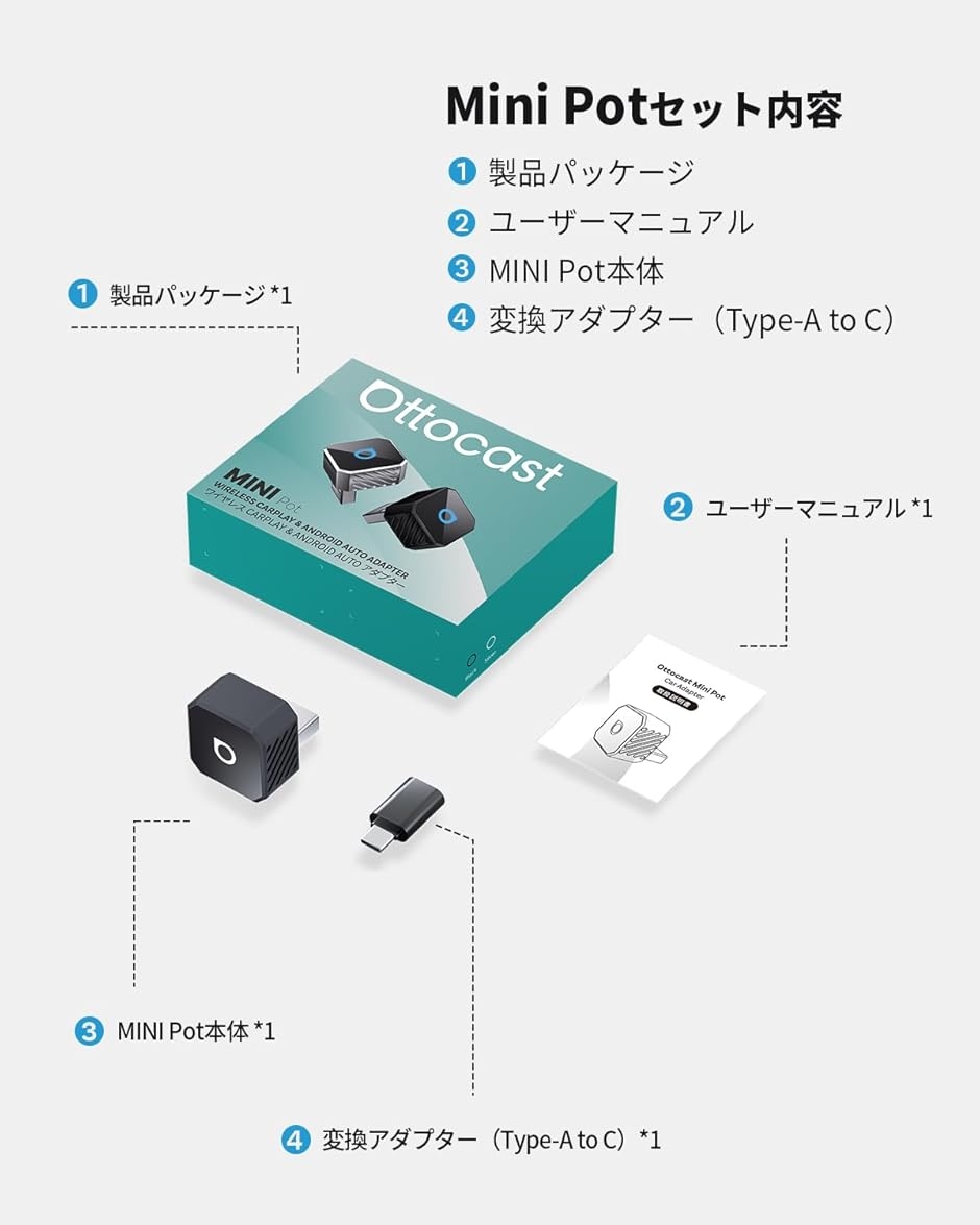 公式 オットキャスト Mini Pot 最新 ワイヤレスCarPlay/Android Auto