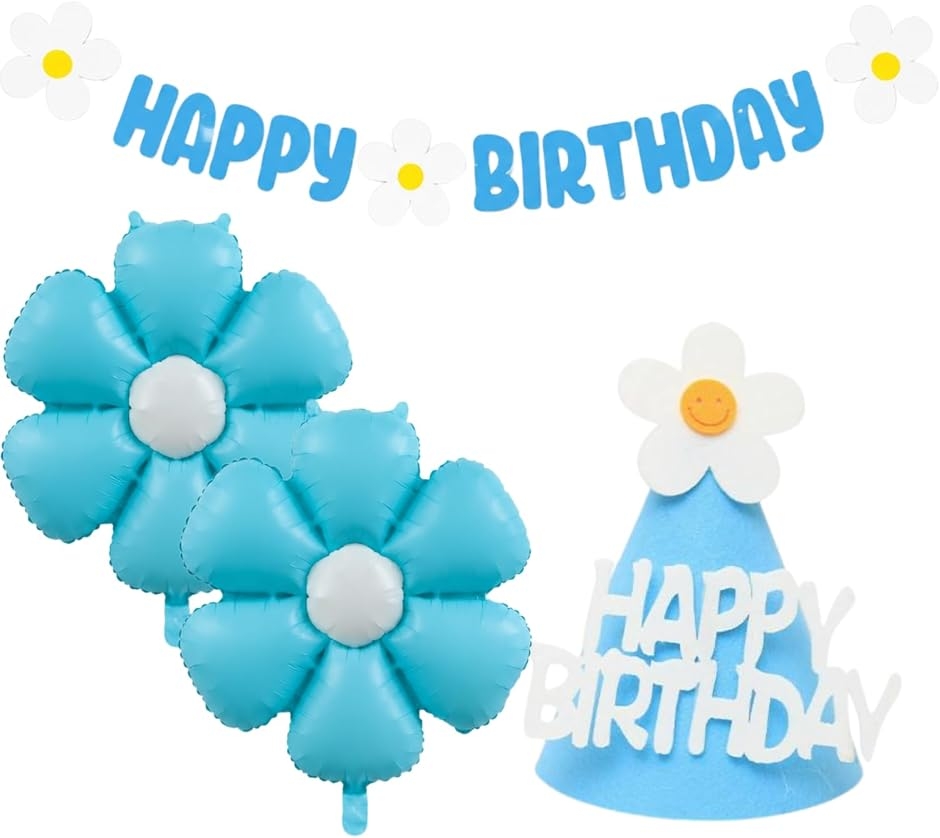 誕生日 バースデー 飾り付け 女の子 お花 フラワー バルーン 風船 ガーランド 帽子 (Blue Flower)