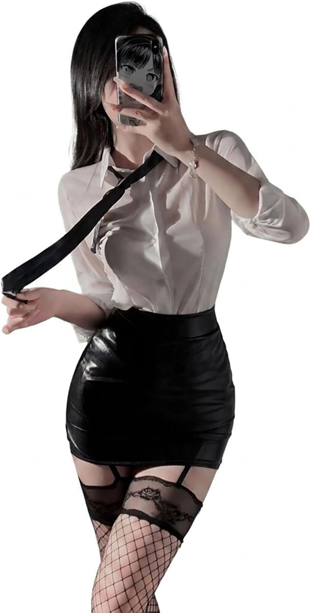 セクシー 女教師 コスプレ 4点セット レディース 秘書 コスチューム 本格 PUレザー 透け感 (ブラック,  Free Size)