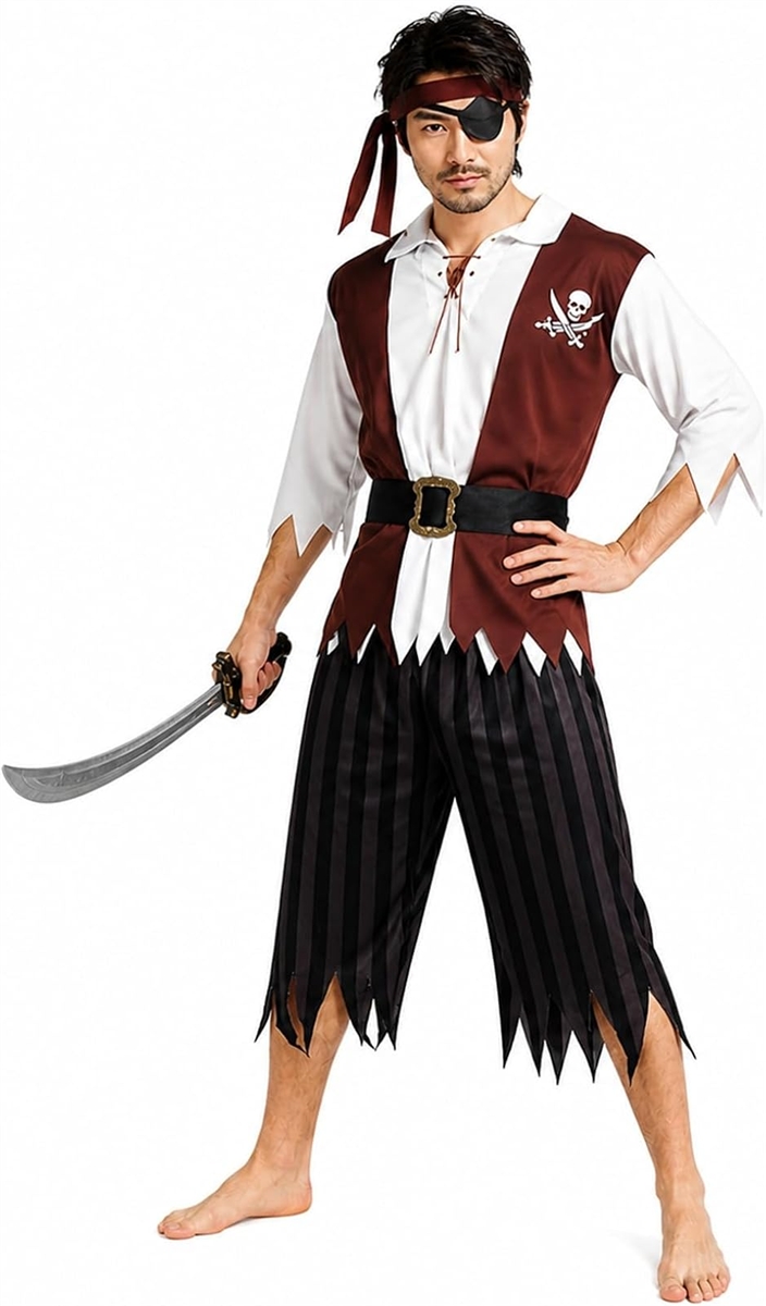 海賊 コスプレ メンズ 5点セット B パイレーツ 男性 コスチューム 衣装 眼帯付き ハロウィン (ダーク,  Free Size)