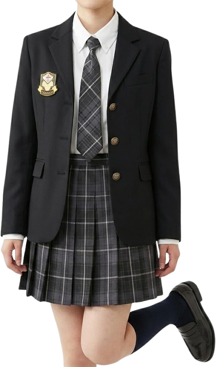 女子高生 制服 5点セット JK ブレザー スカート リボン シャツ ブラウス ワッペン付き スクール ファッション 学生服 撮影 (S)