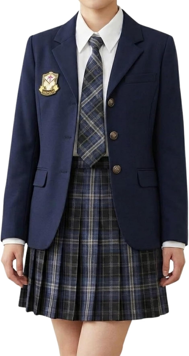 女子高生 制服 5点セット JK ブレザー スカート リボン シャツ ブラウス ワッペン付き スクール ファッション 学生服 撮影 (M)