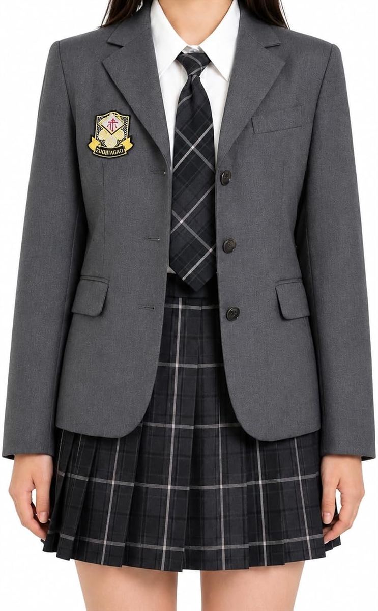 女子高生 制服 5点セット JK ブレザー スカート リボン シャツ ブラウス ワッペン付き スクール ファッション 学生服 撮影 (S)