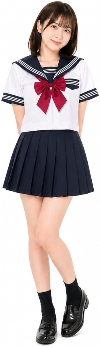 セーラー服 コスプレ 半袖 レディース 制服風 3点セット トップス ミニプリーツスカート 赤リボン付き 平成レトロ (ネイビー,  L)