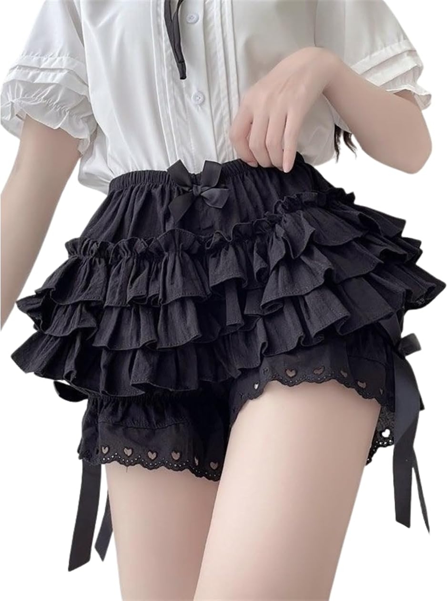 見せパン フリル かぼちゃパンツ リボン付き ペチパンツ レディース ロリータ インナーパンツ 下着 透け防止 3段 MDM (ブラック,  L)