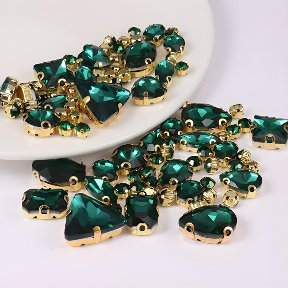 ガラスストーン アクセサリーパーツ 約130粒 台座付き ビジュー 縫い付け ラインストーン アソート (ピーコックグリーン（130個）)