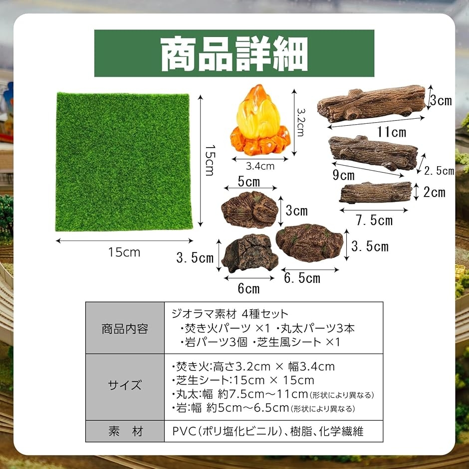 ジオラマ素材 野営セット 置くだけ本格情景 焚き火 岩 丸太 芝生