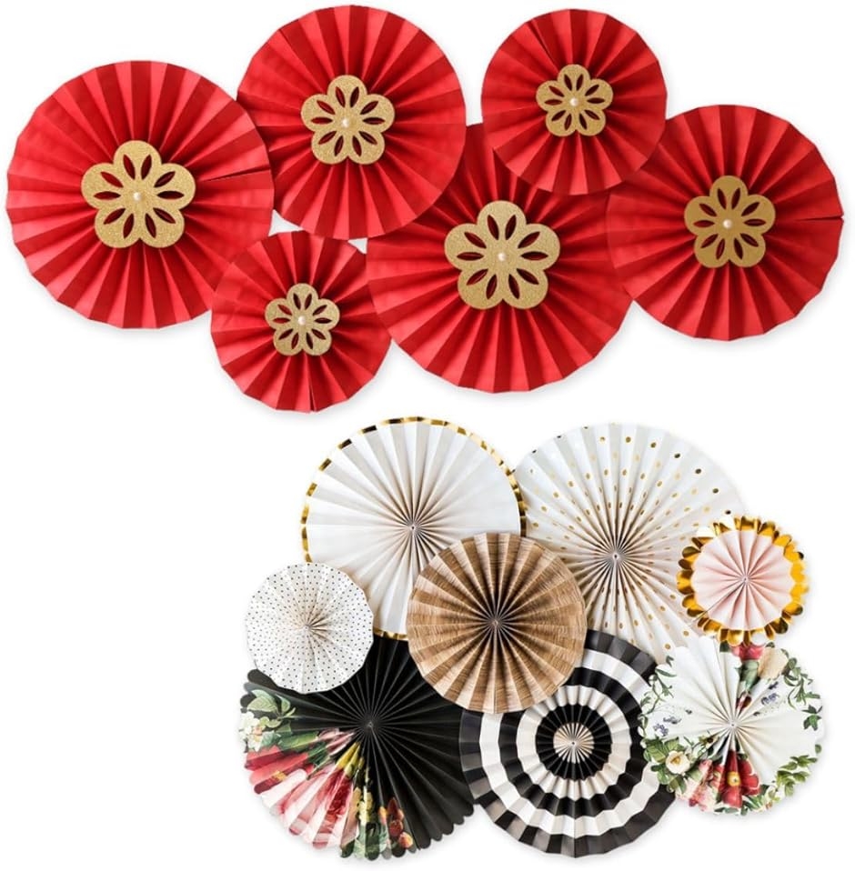 ペーパーファン フラワー 飾り 装飾 和風 洋風 誕生日 縁日 お食い初め 敬老 (梅の花６個＋黒ｘ花柄８個,  セット)