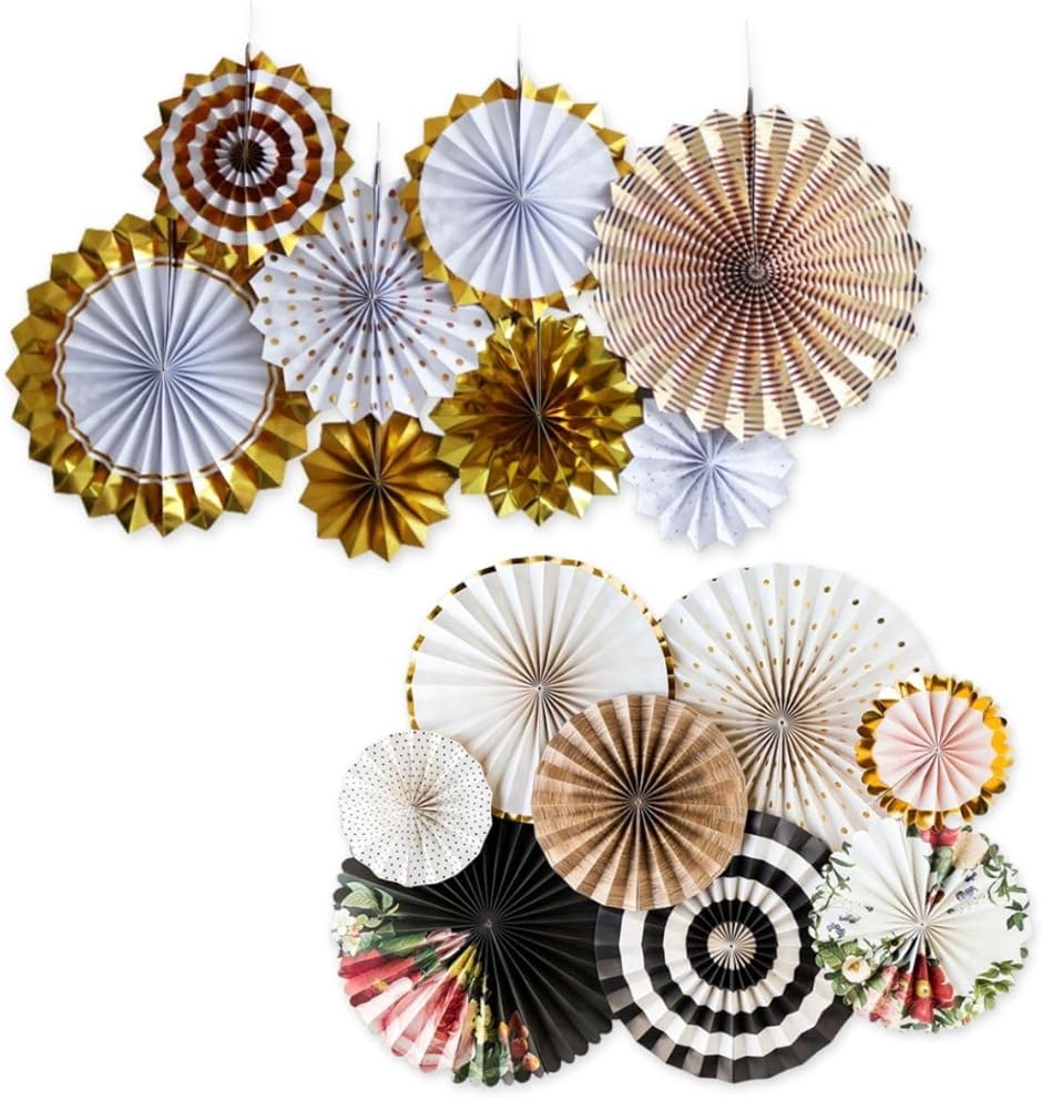ペーパーファン フラワー 飾り 装飾 和風 洋風 誕生日 縁日 お食い初め 敬老 (ゴールド８個＋黒ｘ花柄８個,  セット)