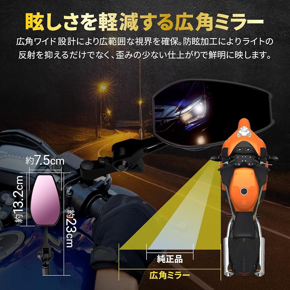 強化アルミニウム製/広角ワイド x 防眩レンズのダブル設計 バイク