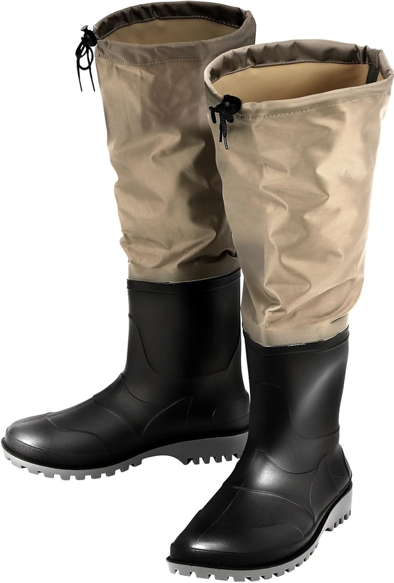 専門家推奨 ウェーダー ひざ下 釣り 胴長 ニーブーツ 長靴一体型 完全防水 丈夫 災害用 (ベージュ,  26.5cm〜27cm)