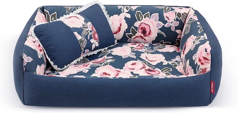 ペットベッド 桜 日系花柄デザイン 取り外せる洗える ふわふわ柔らかクッション 滑り止め (ピンク花柄,  60 x 45cm (S))