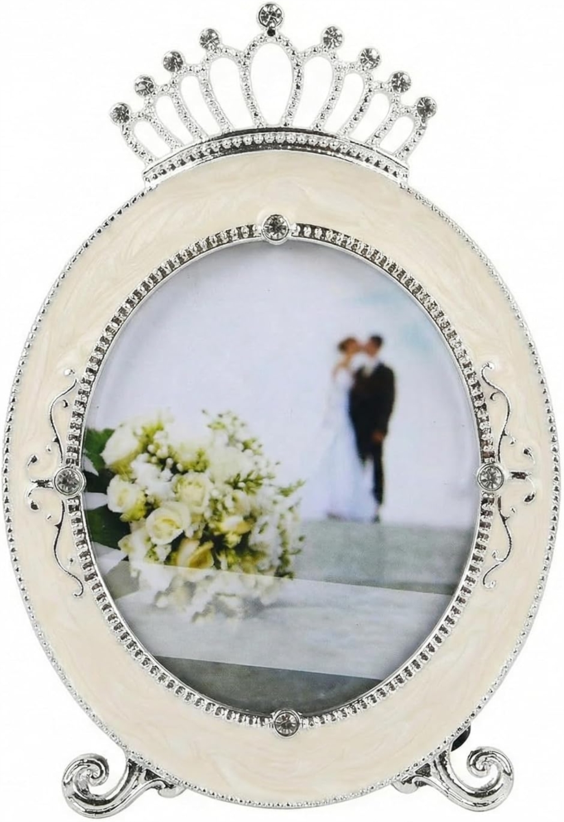 フォトフレーム 写真立て 王冠 おしゃれ 推し活 ミニサイズ アンティーク調 結婚祝い チェキ対応 エレガント インテリア (ホワイト)