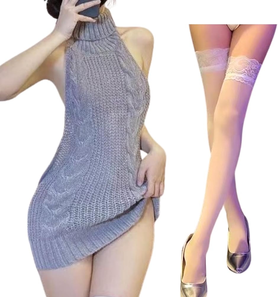 背中開き セクシー ニット ミニ ワンピ 大きいサイズ レディース ノースリーブ バックレス タートルネック 伸縮 (グレー，Dセット)