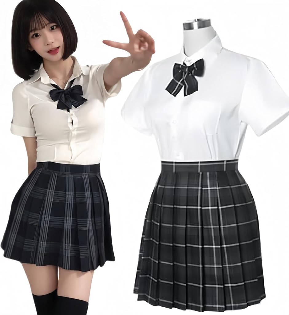 制服 大きいサイズ コスプレ セーラー服 ミニスカート JK 学生服 女装 レディース 衣装 長袖 半袖 チエック柄 (半袖-XXL)