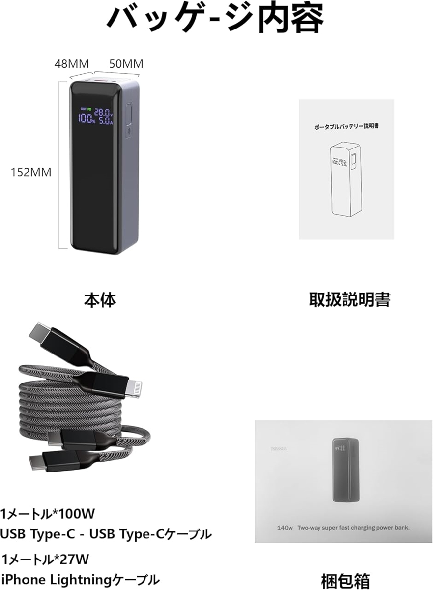 Power Bank 大容量モバイルバッテリー 40000mAh・最大302.5W出力・LCD