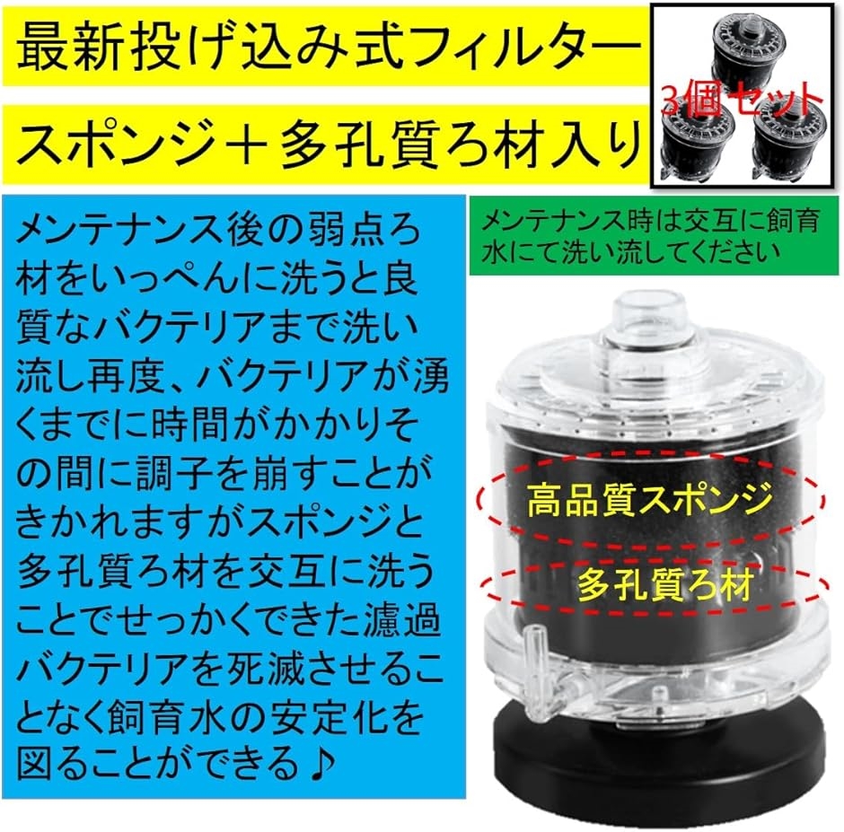 小型 投げ込み式 フィルター バイオスポンジフィルター 付き ろ材入り