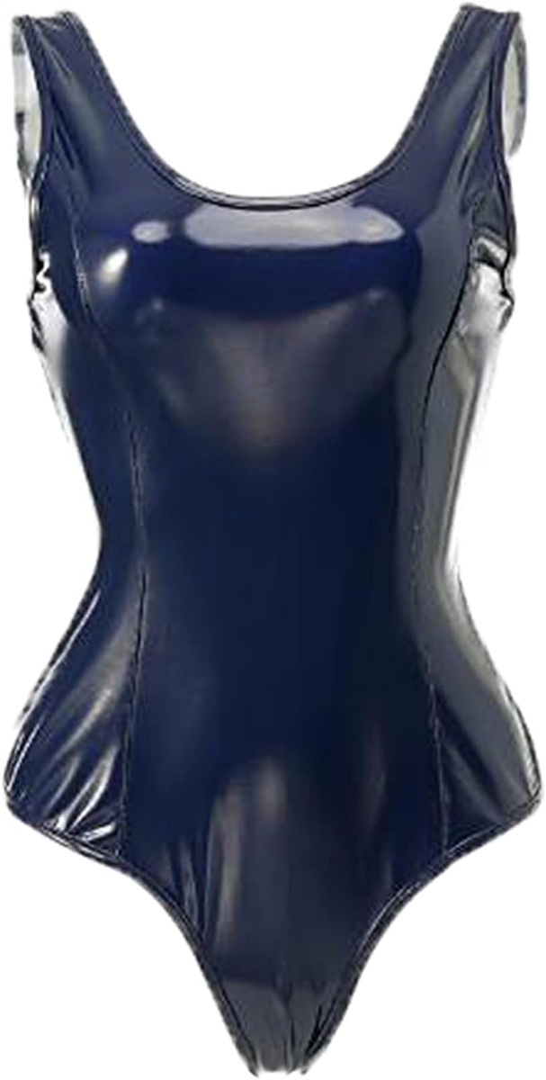 エナメル スク水 スクール水着風 レオタード コスプレ 光沢 紺色 ハイレグ (ネイビー,  XL)