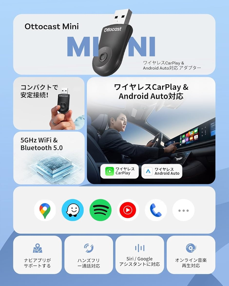 公式 オットキャスト Mini 2025最新 ワイヤレスCarPlay/Android Auto