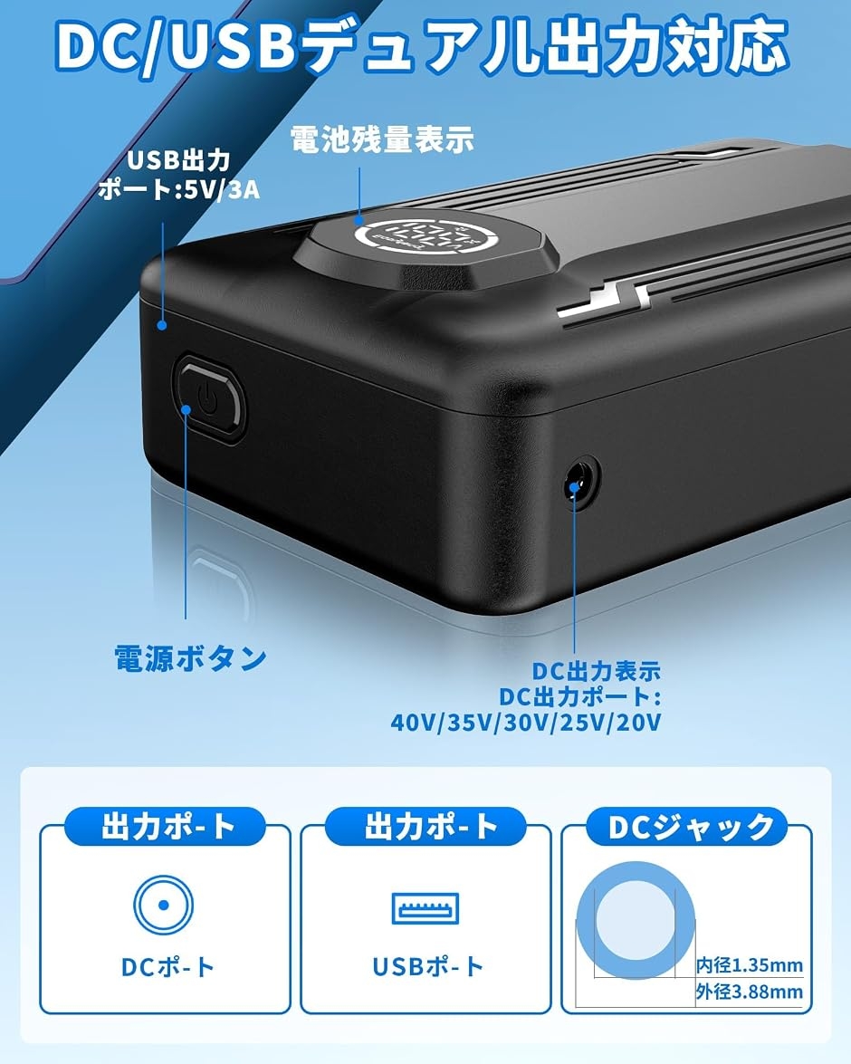 空調作業服バッテリー のみ 40V 超高出力 30000mAh 大容量 DC/USB