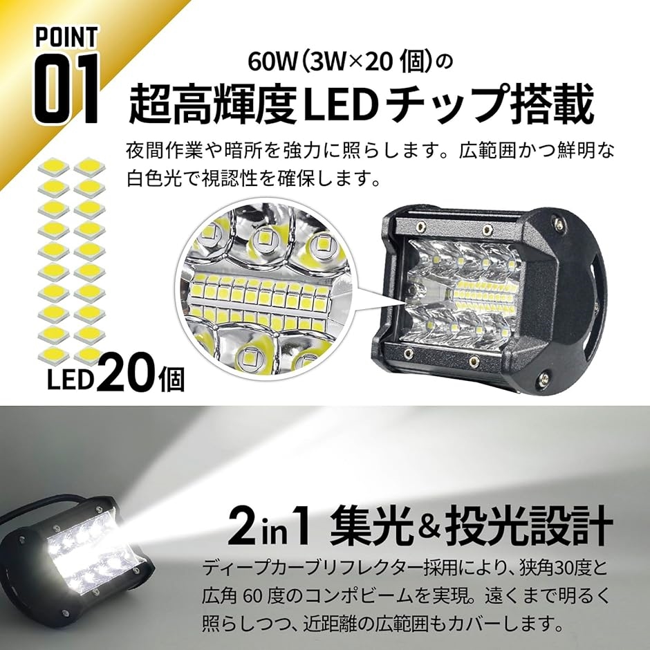 LED ワークライト 作業灯 60W 12V対応 超高輝度 集光＆投光 IP68 防水