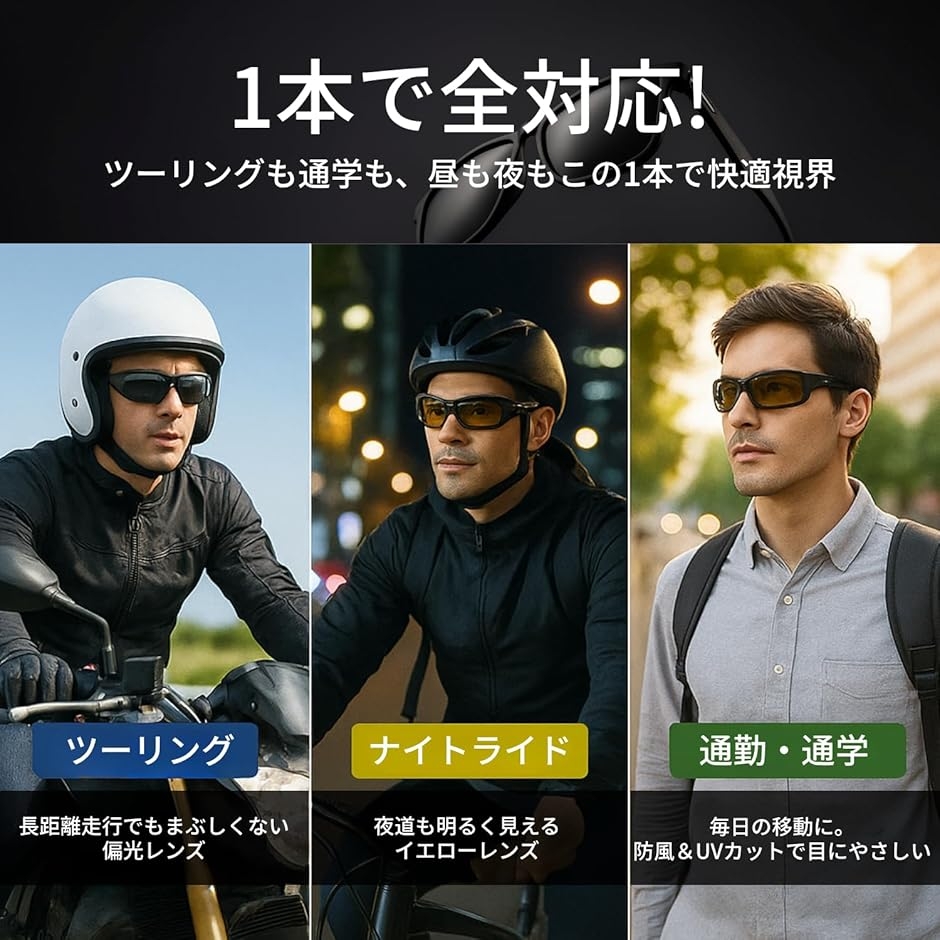 サングラス バイク用ゴーグル 偏光 交換レンズ4種付き まぶしさ軽減