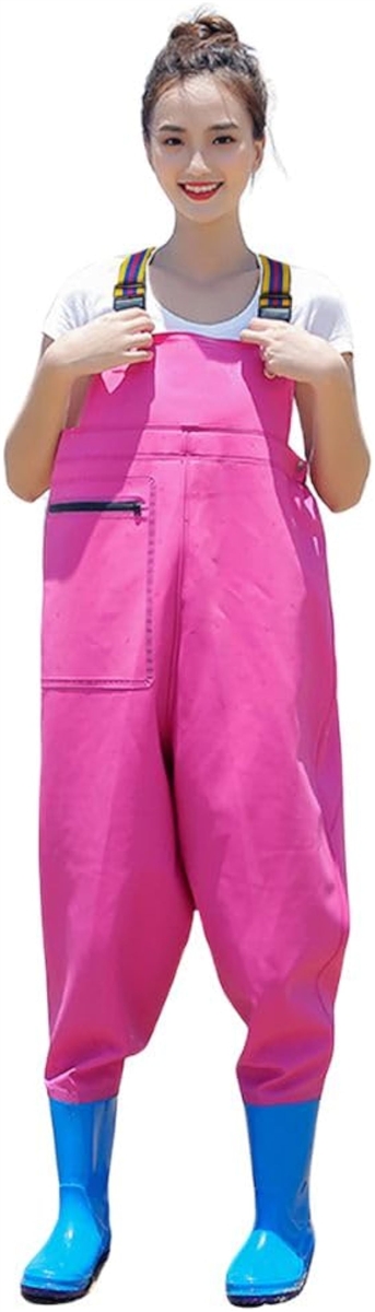 女性用 ウェーダー チェストハイウェーダー レディース 胴付き長靴 可愛い お洒落 ショルダーベルト 防水 (ピンク,  23.0cm)
