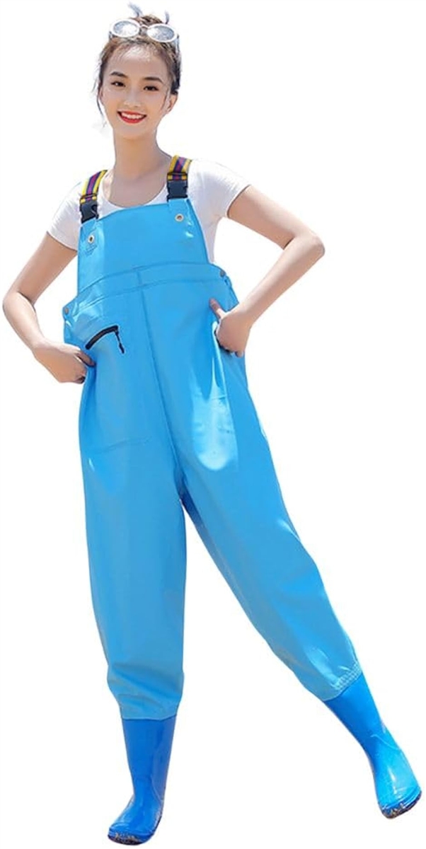 女性用 ウェーダー チェストハイウェーダー レディース 胴付き長靴 可愛い お洒落 ショルダーベルト (スカイブルー,  23.5cm)