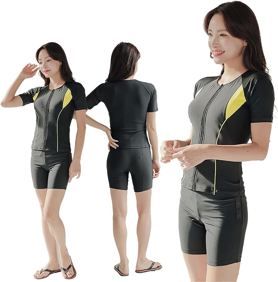フィットネス 水着 レディース セパレート 半袖 上下セット めくれ防止 スクール UVカット ファスナー 袖付 (イエロー, S)