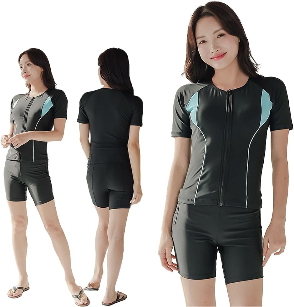 フィットネス 水着 レディース セパレート 半袖 上下セット めくれ防止 スクール UVカット ファスナー 袖付 (ブルーA, M)