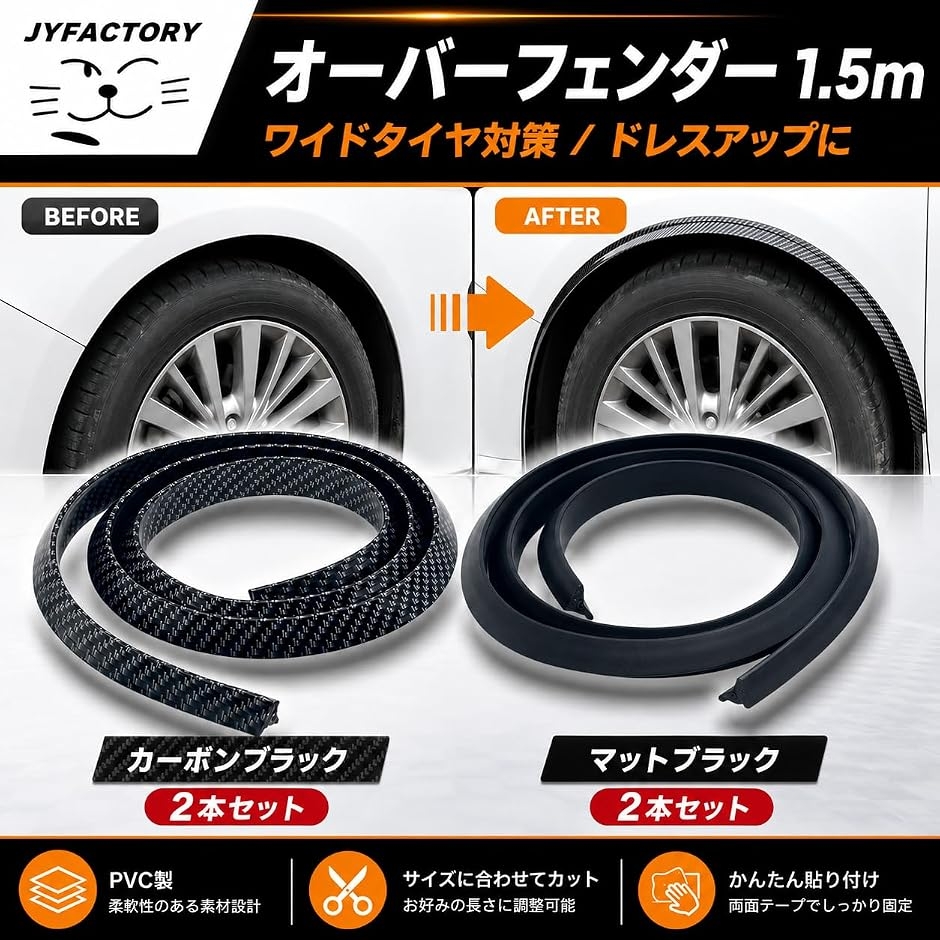 フェンダーオーバーモール フェンダーモール オーバーフェンダー フェンダーアーチ 汎用 1.5m 2本