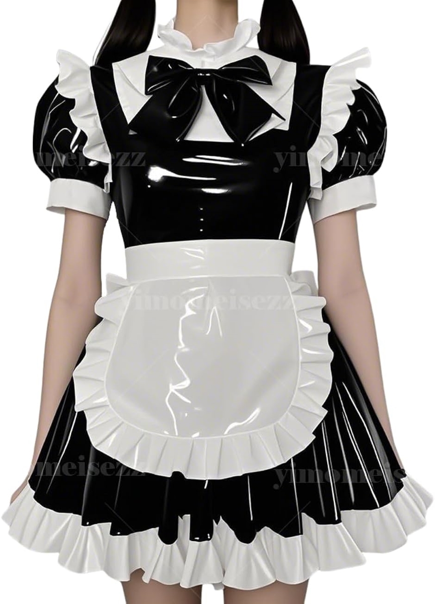 エナメルメイド服 制服 光沢 セクシー コスプレ コスチューム(ブラック