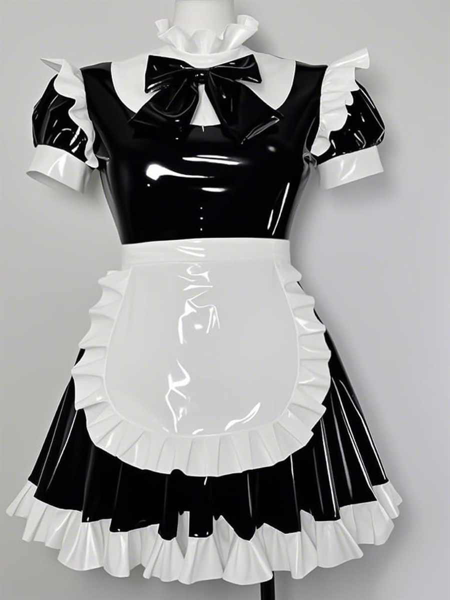 エナメル風メイド　コスプレ衣装 エナメルメイド服 制服 光沢 セクシー コスプレ コスチューム(ブラック
