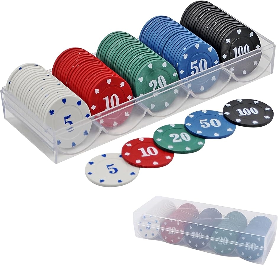 【E】　ポーカーチップセット カジノチップ ポーカーチップ カジノチップ 5種 100枚 セット 数字あり ケース