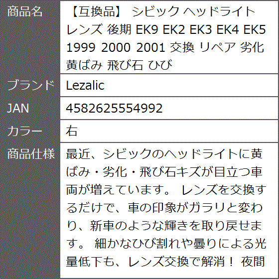 【互換品】 シビック ヘッドライト レンズ 後期 EK9 EK2 EK3 EK4 EK5 1999 2000 2001 交換 リペア (右)の画像