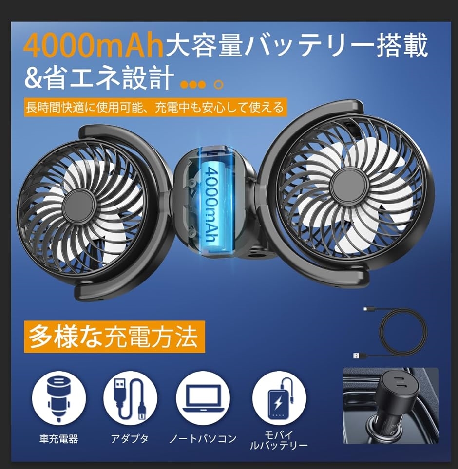 ワイヤレス車載ファン 扇風機 充電式 車用扇風機 3段階風量