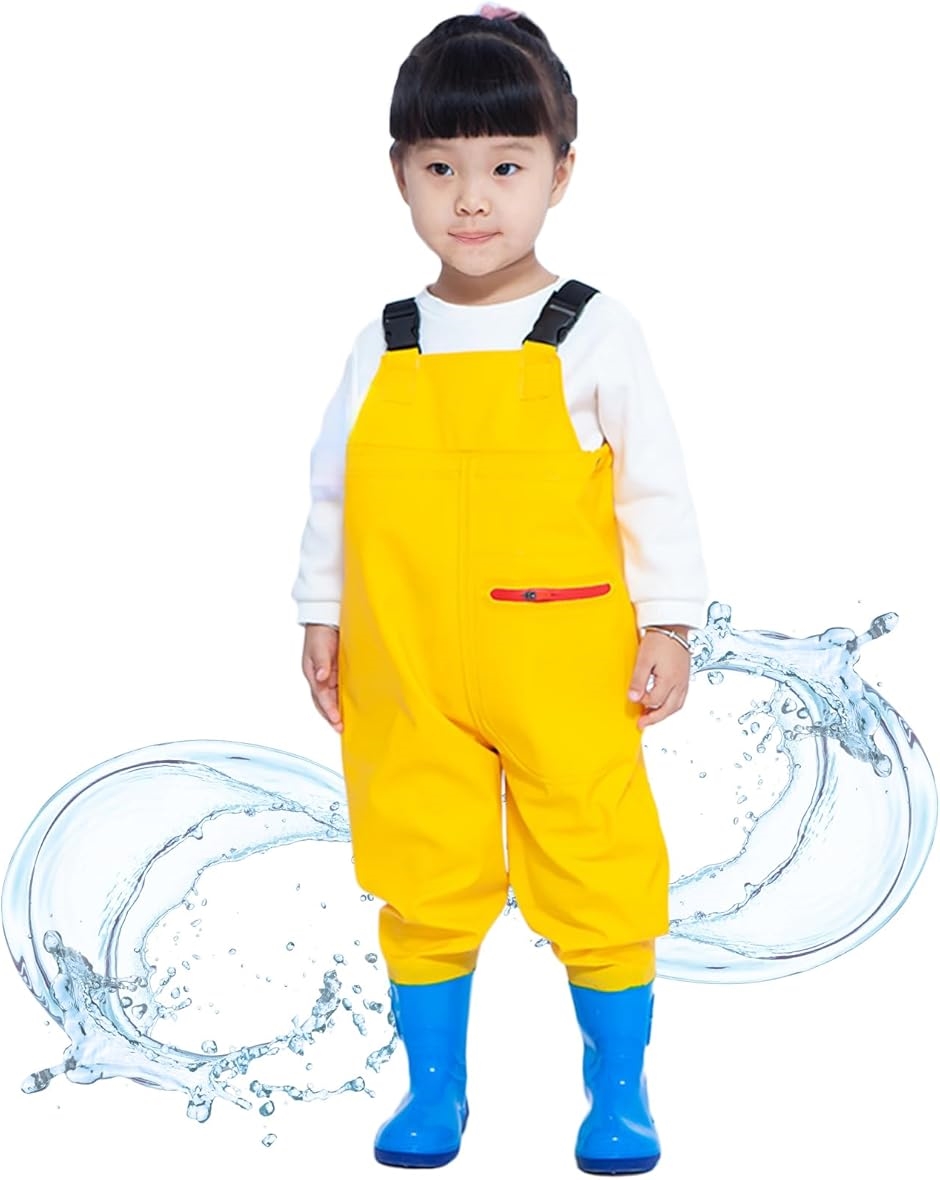 ウェーダー 子供 キッズ 胴長 長靴 防水 PVC 軽量 ブーツ一体型 滑り止めソール 調節ベルト 海(イエロー,  足長18cm)