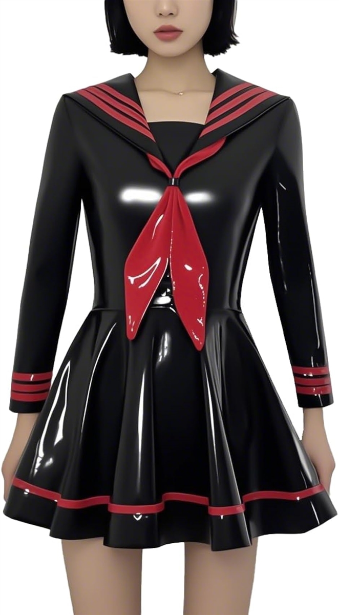 エナメルセーラーワンピース 制服 光沢 セクシー コスプレ コスチューム レディース(ブラック,  M)