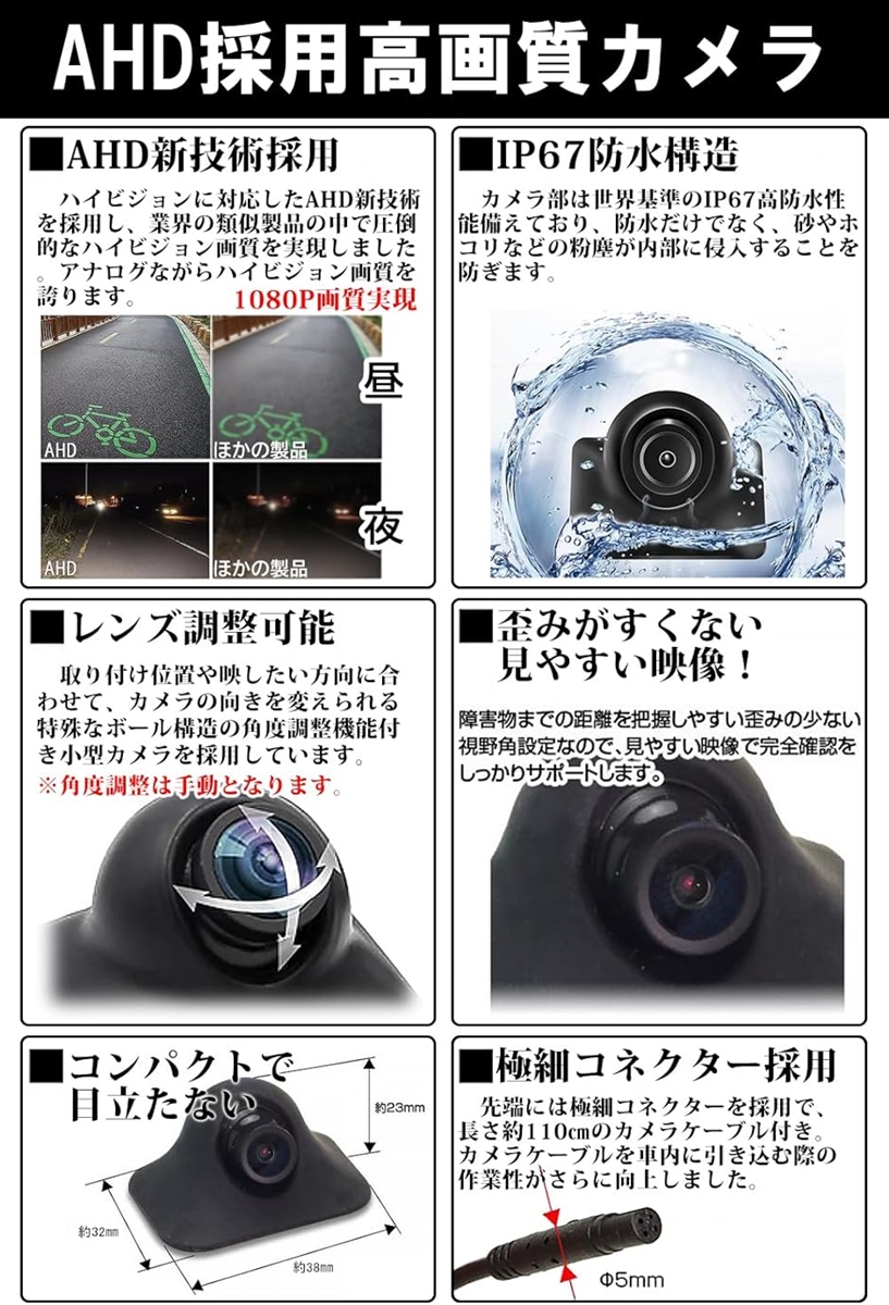 5インチLCDモニター サイドカメラセット AHD新技術採用 ケーブル一本