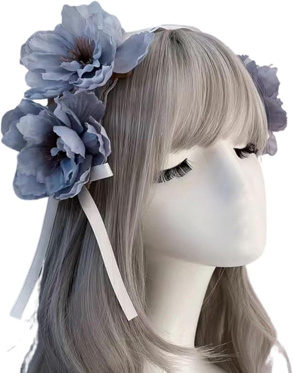 morytrade ロリータ ヘッドドレス レース リボン付き ヘアアクセサリー 髪飾り 撮影用 ?霾ブルー 花柄デザイン (ブルー)