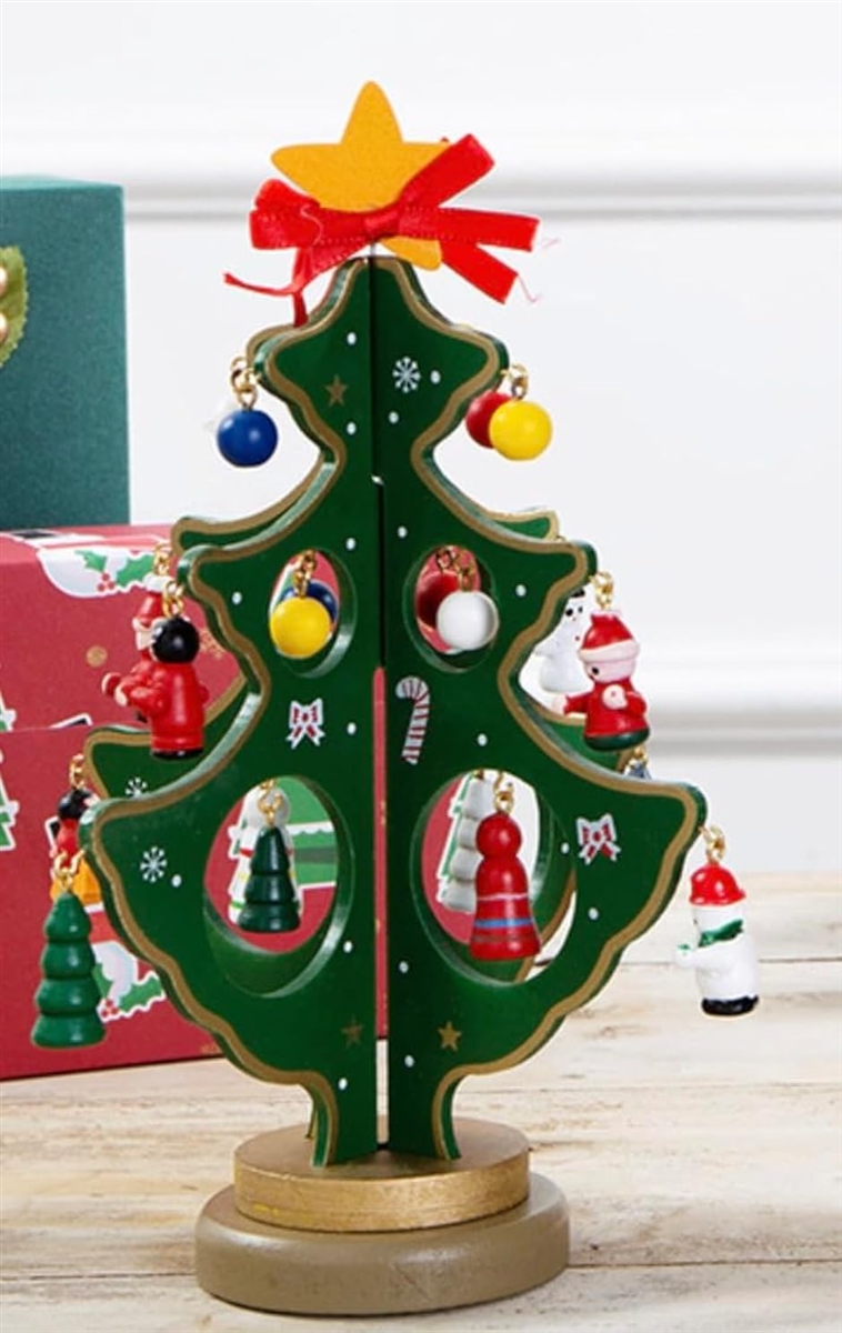 オーナメントツリー ミニ木製クリスマスツリー 卓上オーナメントセット 立体デザイン 飾り付き (ゆらゆら,  高さ21cm)